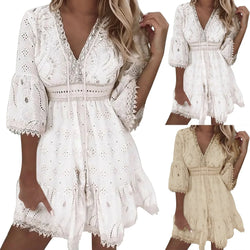 Summer White Dresses for Women Lace Hollowed Crochet Cotton Dress Lady Beach Sundress Short Sleeve