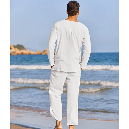 Men's Summer Cotton Linen Set: Solid Color Long Sleeve Henley Shirt and Elastic Waist Drawstring Pants - 2 Piece Loungewear Set.