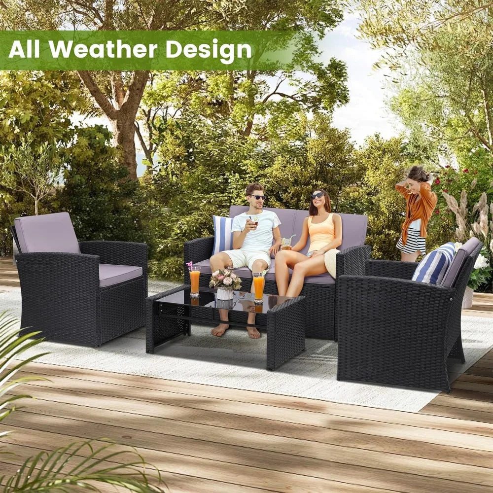Small Living Room Sofa Set- 4 Piece Patio Conversation Set, with Sofa, 2 Chairs, and Coffee Table, for Porch
