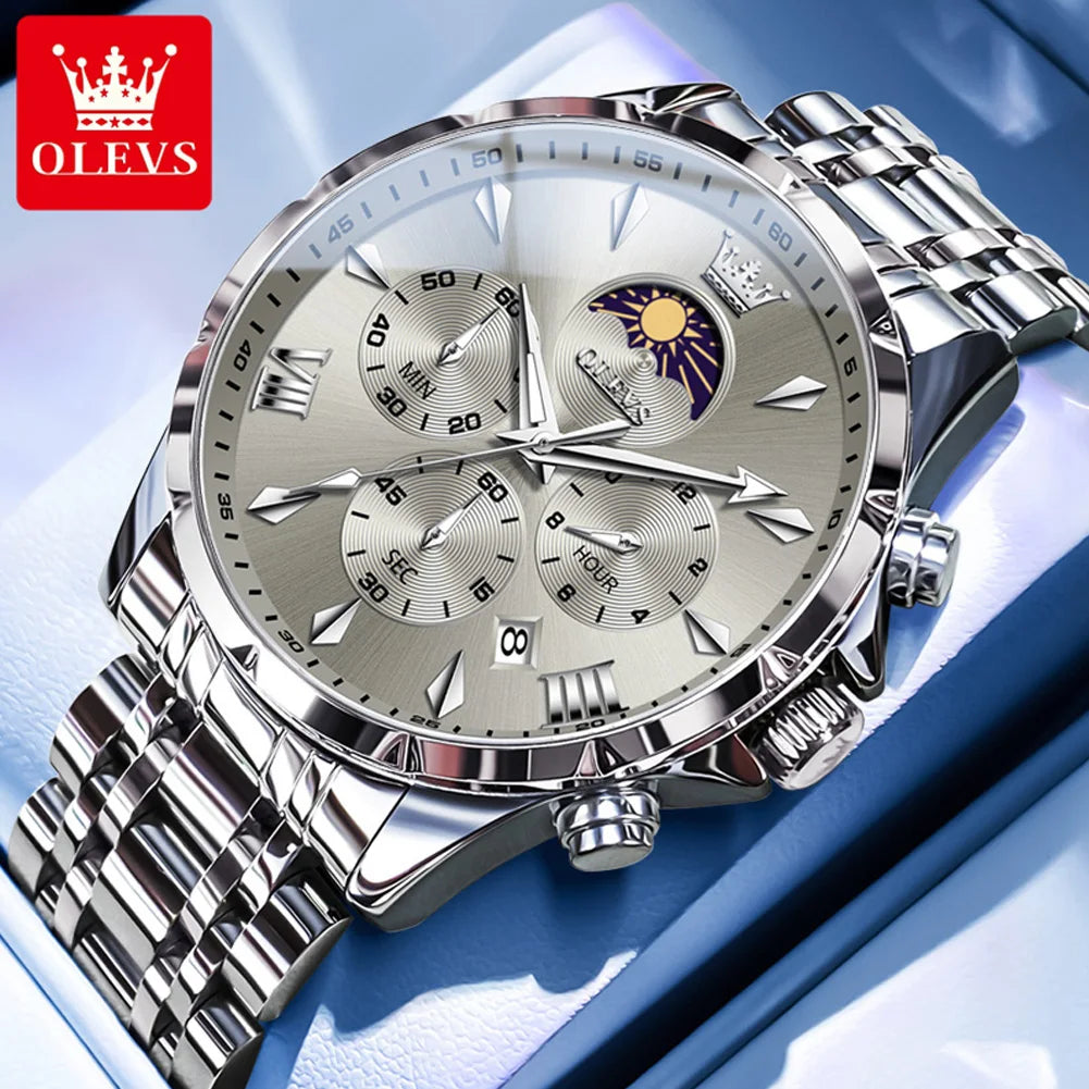 Multifunction Chronograph Quartz Watch – 30M Water-Resistant Luminous Moon-Phase Timepiece