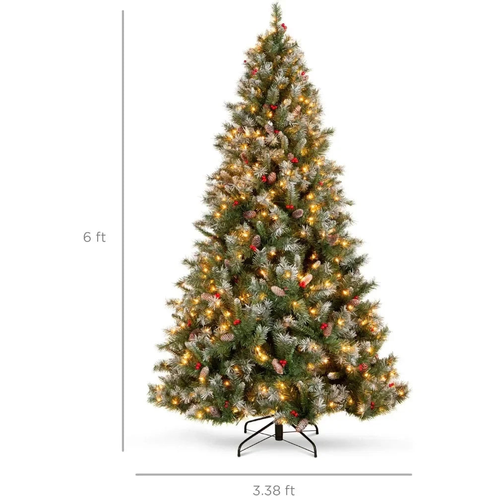 6Ft Pre-lit Pre-Decorated Pine Hinged Artificial Christmas Tree with free (818 Flocked Frosted Tips,58 Pinecones, 58 Berries,250 Lights)