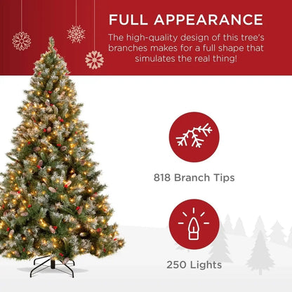 6Ft Pre-lit Pre-Decorated Pine Hinged Artificial Christmas Tree with free (818 Flocked Frosted Tips,58 Pinecones, 58 Berries,250 Lights)