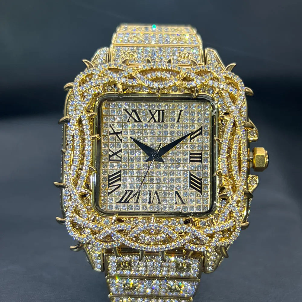 Watch For Men Fashion Luxury Gold Square Diamond Full Sky Star Male's Clock Watches New Skeleton Flower Quartz Wristwatch 2025