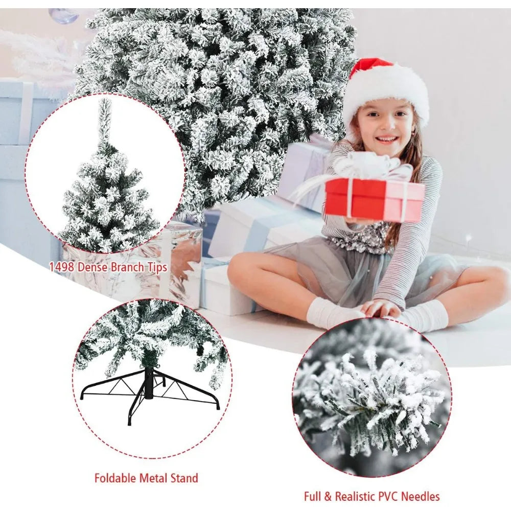 Pre-Lit Artificial Christmas Tree, Premium PVC Snow Flocked Hinged Pine Tree with Metal Stand and LED Lights