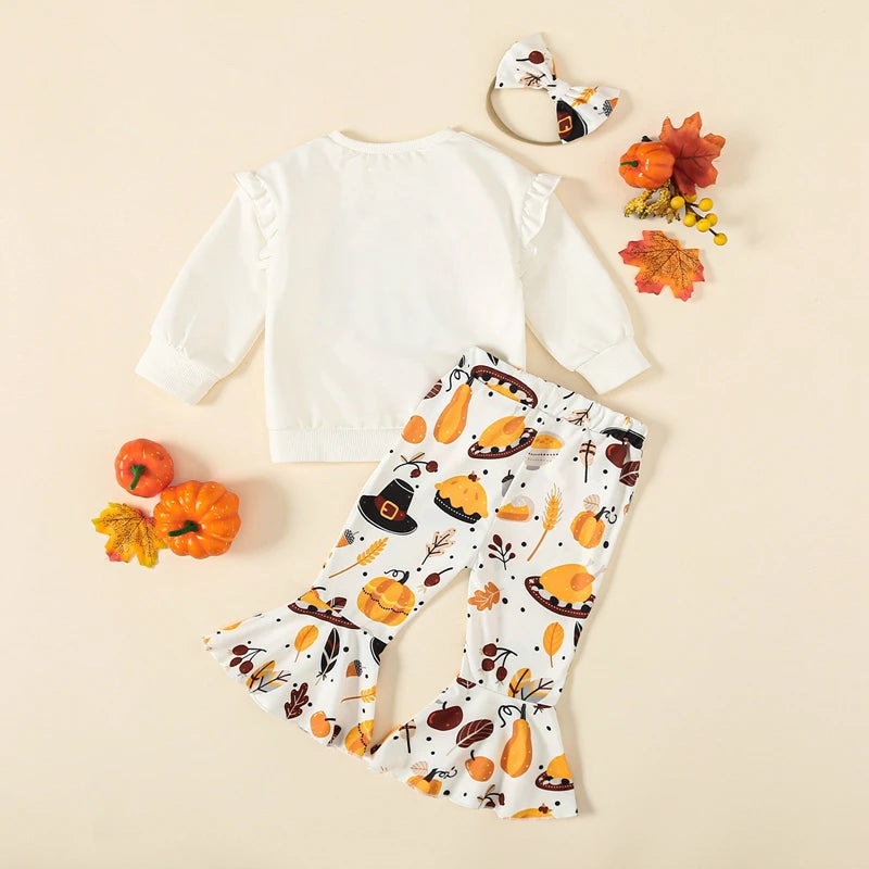 Toddler Kid Girl Thanksgiving Outfits Turkey Print Long Sleeve Sweatshirt with headband 6M-3Y T