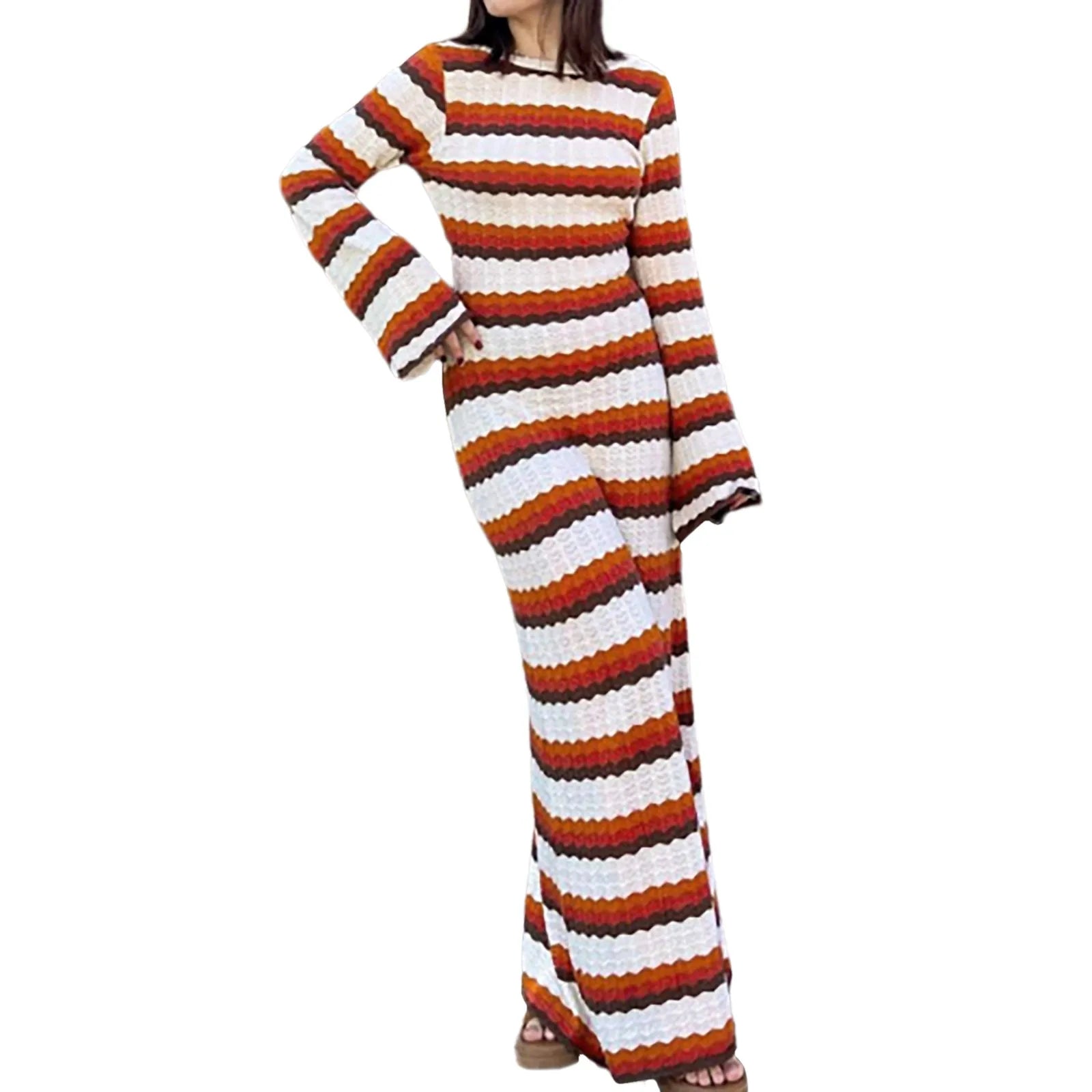 Women's Striped Contrast Dresses Beach Vacation Sexy Long Dress Autumn and Winter Sweater Dress