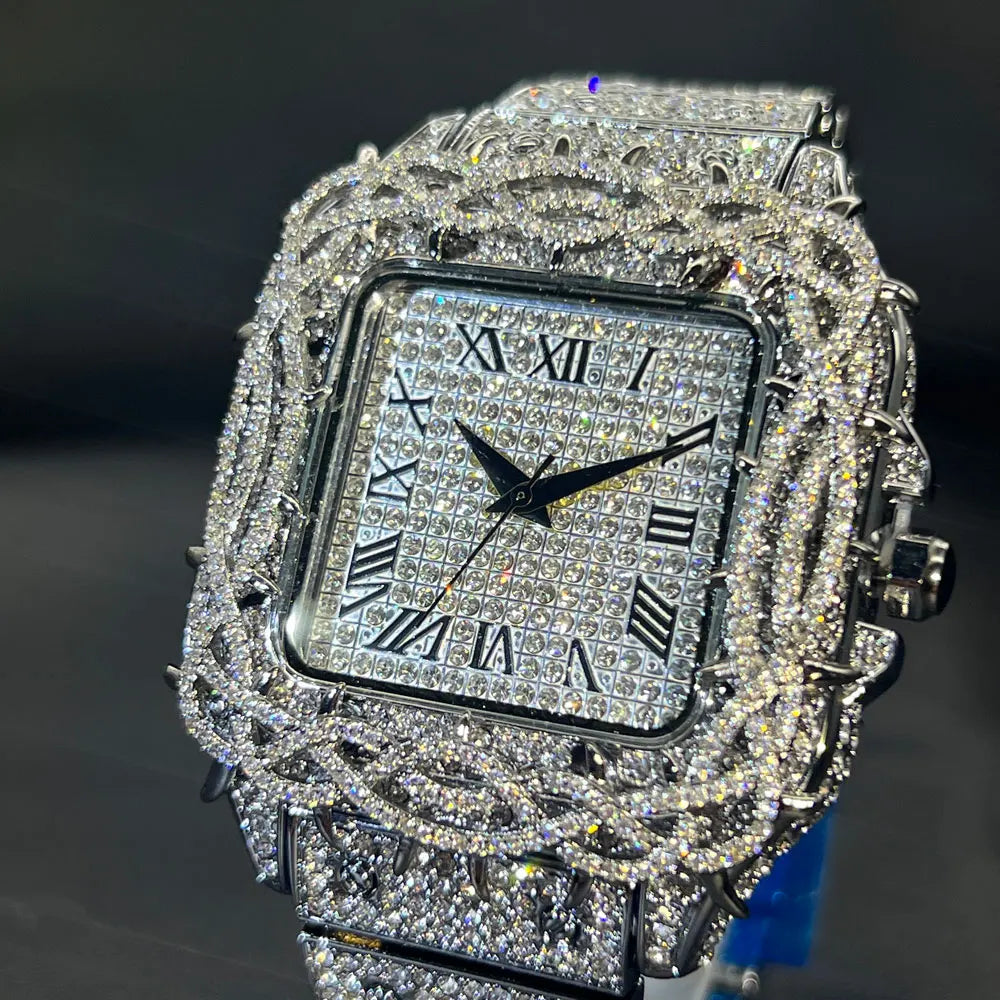 Watch For Men Fashion Luxury Gold Square Diamond Full Sky Star Male's Clock Watches New Skeleton Flower Quartz Wristwatch 2025
