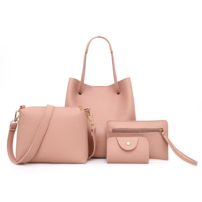 4pcs Faux Leather Shoulder Bag Women Handbag Crossbody Bags Clutches Purse Set, Trend Female Shoulder Bag Casual Purse Set