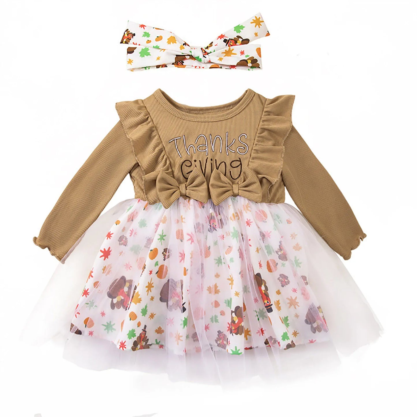 Toddler Girl Thanksgiving Dress Ruffled Long Sleeve Crew Neck Turkey Letter Print with Bow Headband Outfits 1-5T