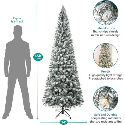 7.5ft Frosted Prelit Slim Artificial Christmas Tree with free 1102 Branch Tips, 350 Warm Lights and Metal Stand, 34" Wide