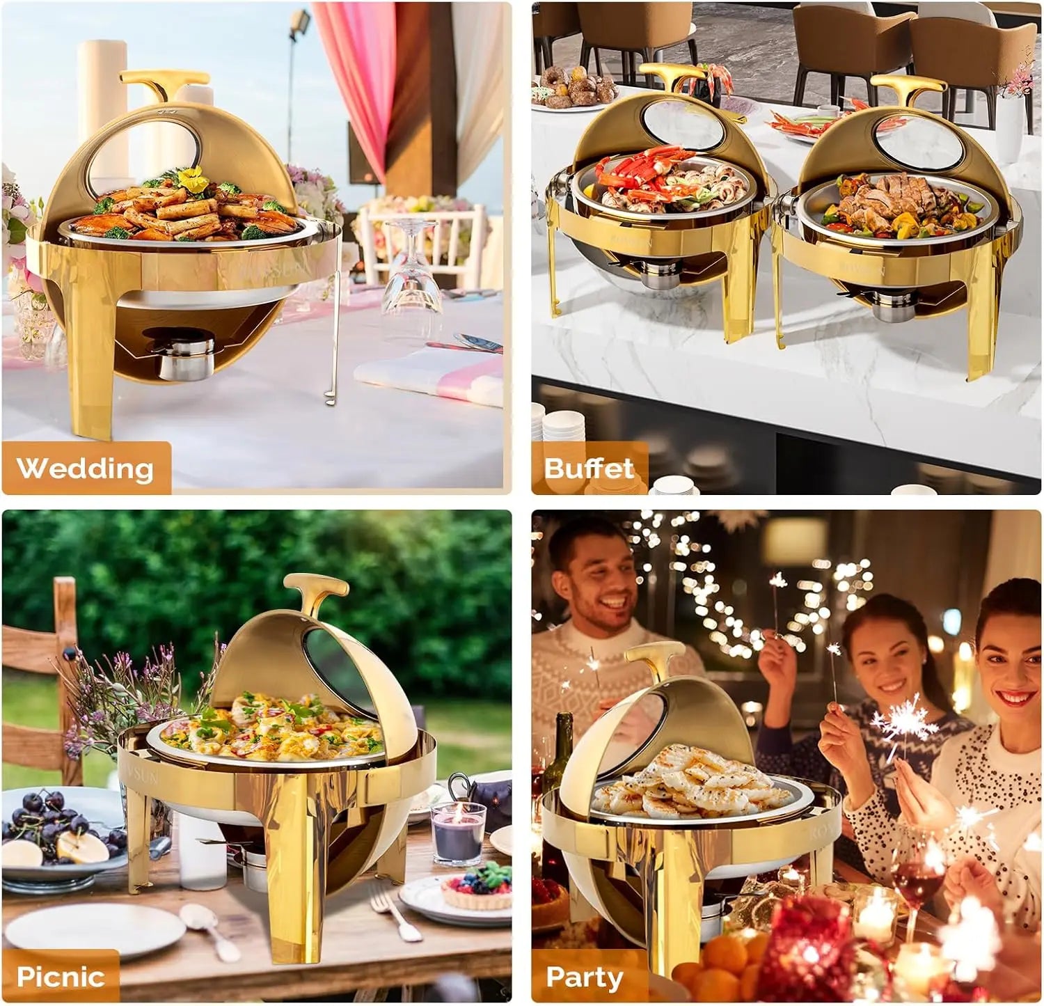 ROVSUN 6 QT 3 Pack Round Chafing Dish Buffet Set – Roll Top Design Lamp Post