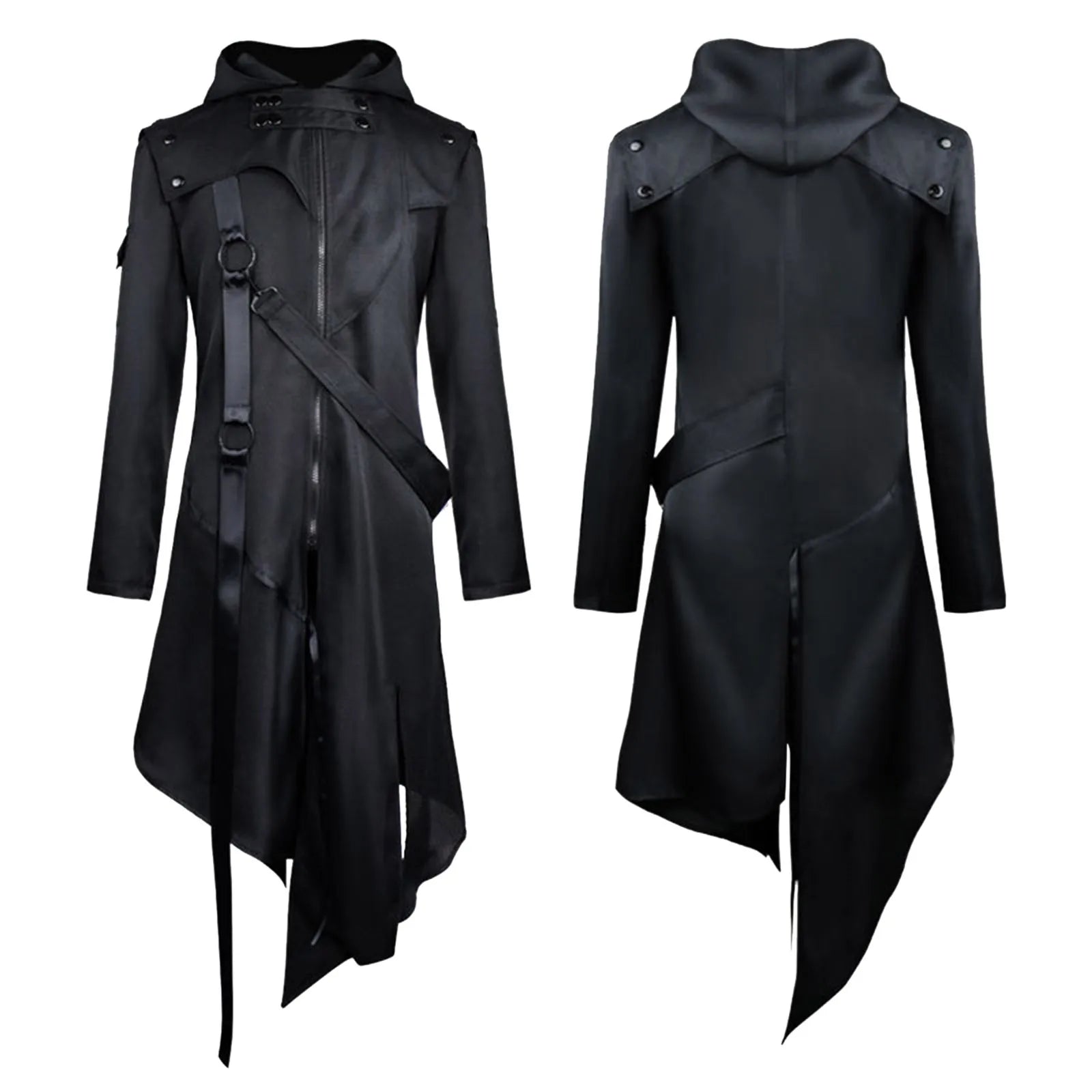 Male Coat, Men Zipper Belt Hooded Long Sleeve, Men Long Jacket