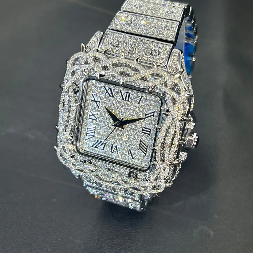 Watch For Men Fashion Luxury Gold Square Diamond Full Sky Star Male's Clock Watches New Skeleton Flower Quartz Wristwatch 2025