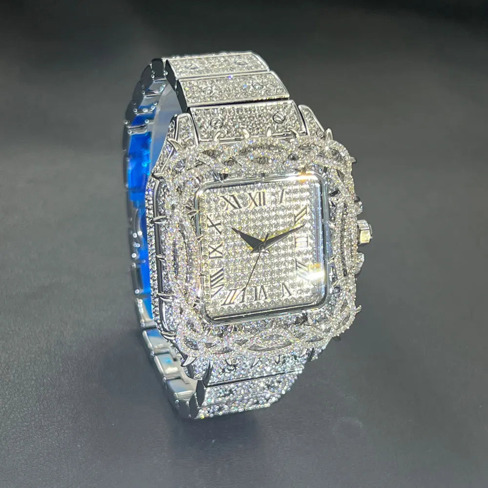 Watch For Men Fashion Luxury Gold Square Diamond Full Sky Star Male's Clock Watches New Skeleton Flower Quartz Wristwatch 2025