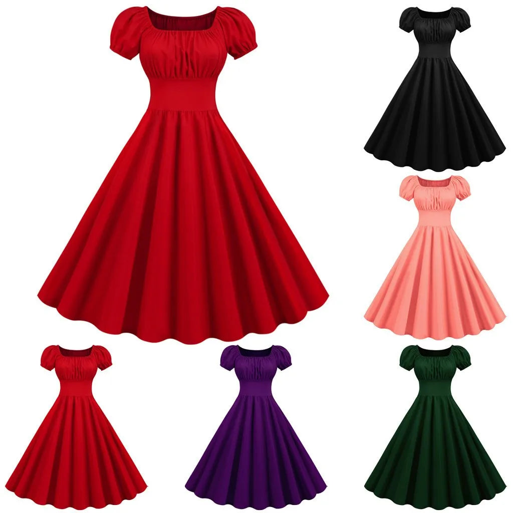 Women Summer Dress V Neck Big Swing Vintage Dress Robe Femme Elegant Retro Pin up Party Evening Midi Dresses