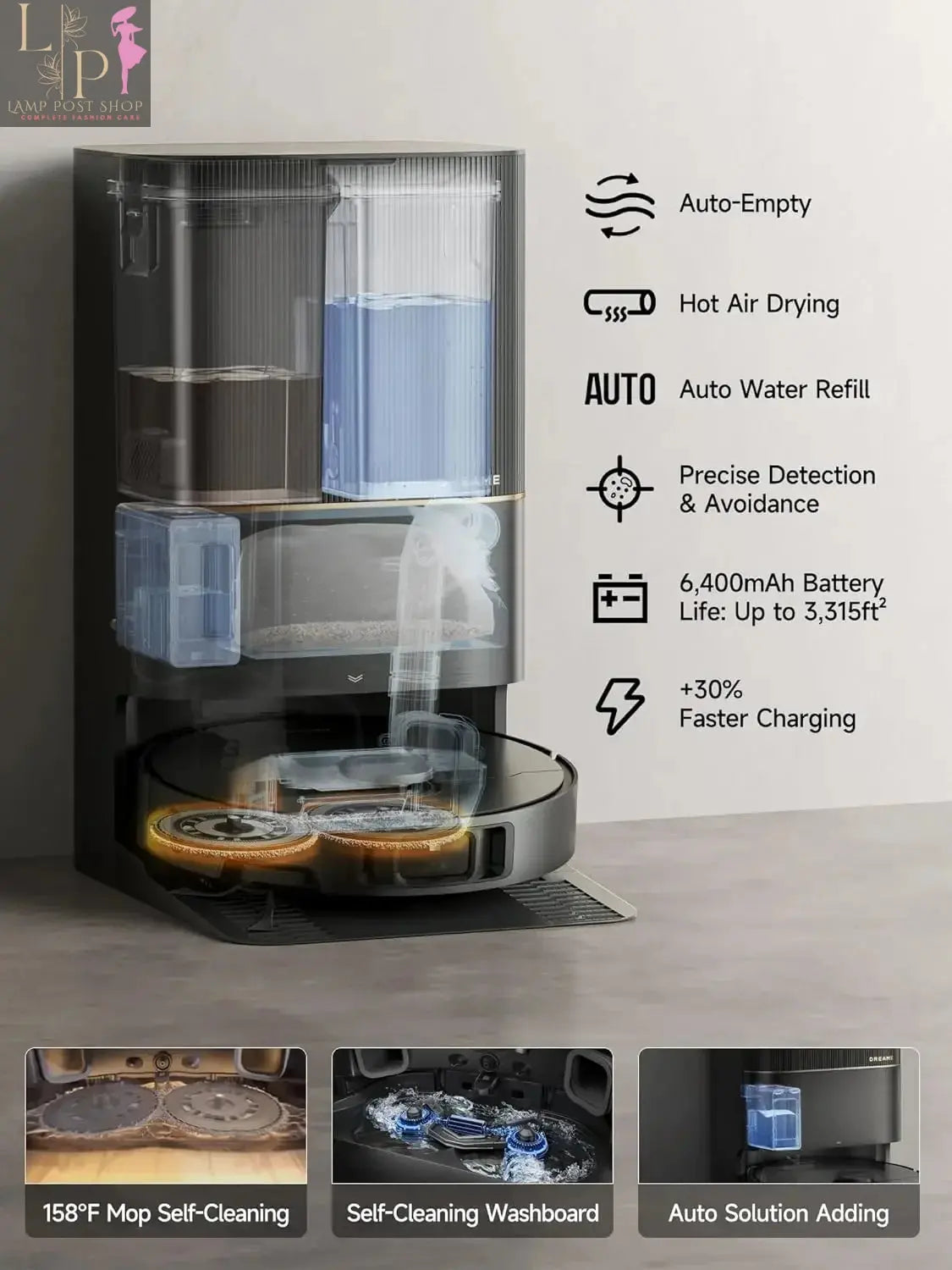 X40 Ultra Robotic Vacuum with Liftable Mop, 12000Pa Suction, Side Brush Lamp Post