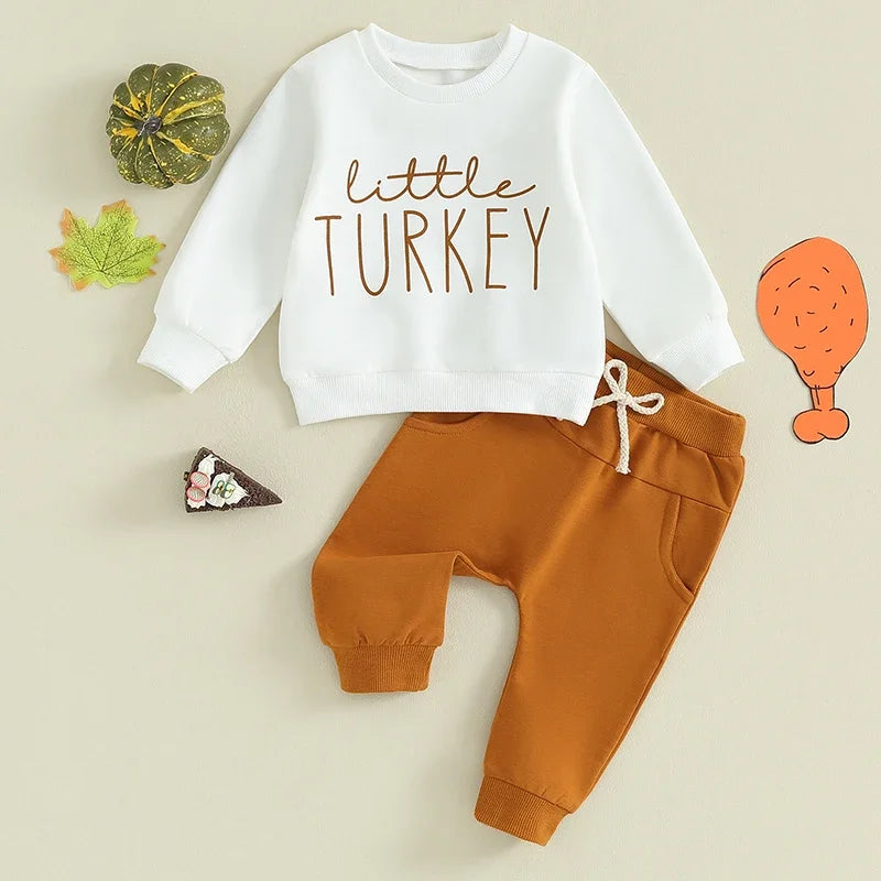 Autumn Thanksgiving Day Toddler Baby Boy Clothes Letter Print Long Sleeve Sweatshirt Solid Color Pants Festival Outfit