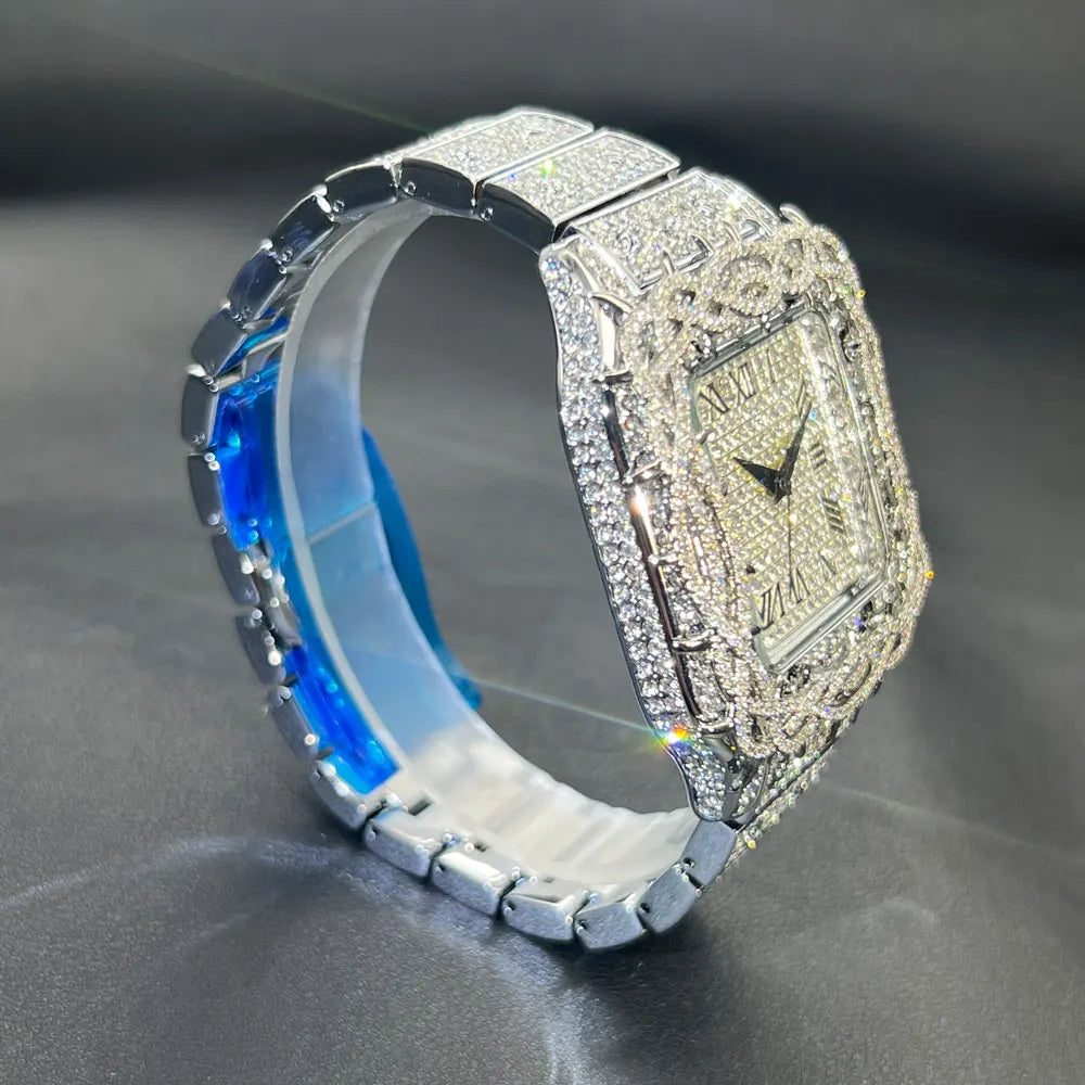 Watch For Men Fashion Luxury Gold Square Diamond Full Sky Star Male's Clock Watches New Skeleton Flower Quartz Wristwatch 2025