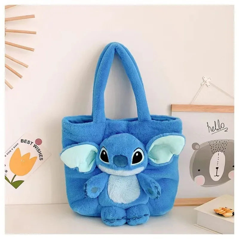 Disney 2024 New Cartoon Plush Doll Shoulder Bag Cute Stitch Strawberry Bear Soft Cute Girls Handbag