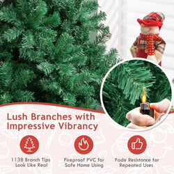 An 8-foot faux PVC Christmas tree, complete with a sturdy bracket for easy assembly, suitable for both indoor and outdoor use, in a vibrant green to celebrate the holiday season.