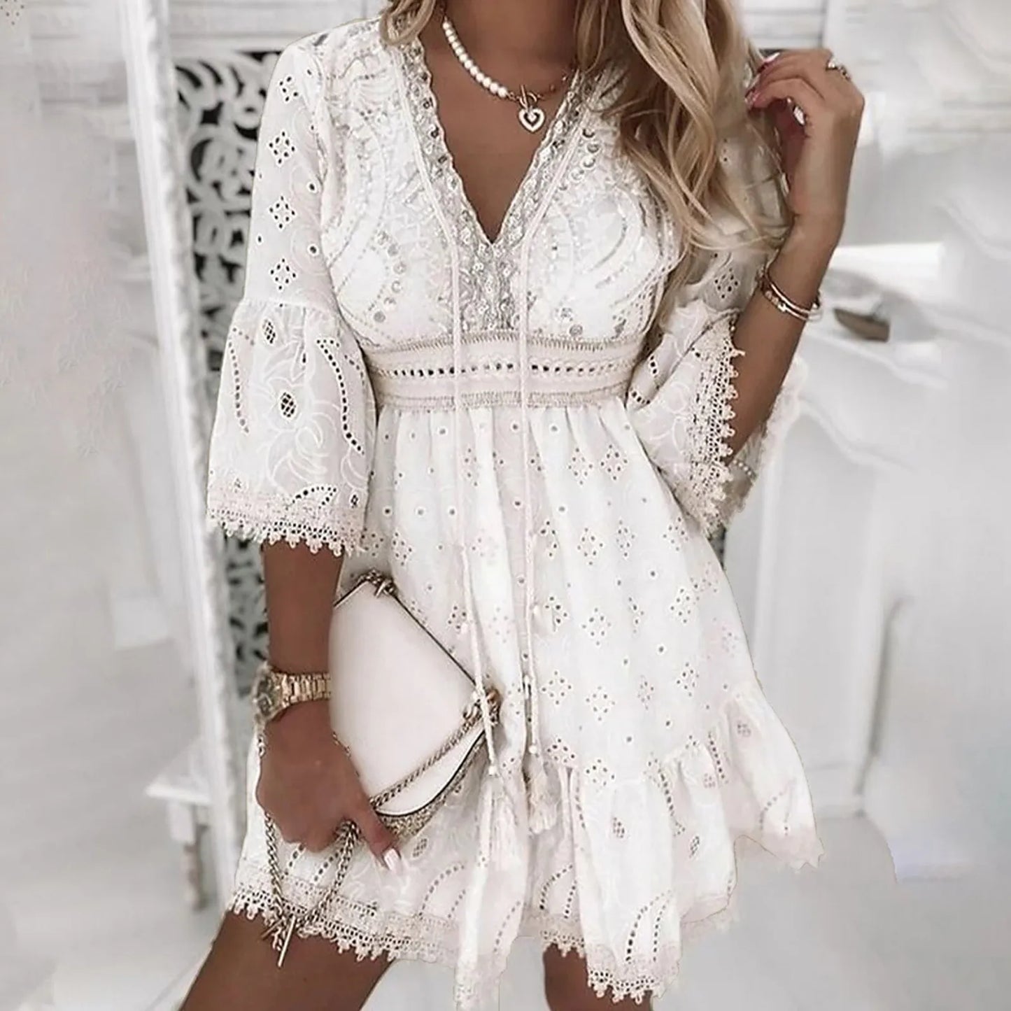 Summer White Dresses for Women Lace Hollowed Crochet Cotton Dress Lady Beach Sundress Short Sleeve