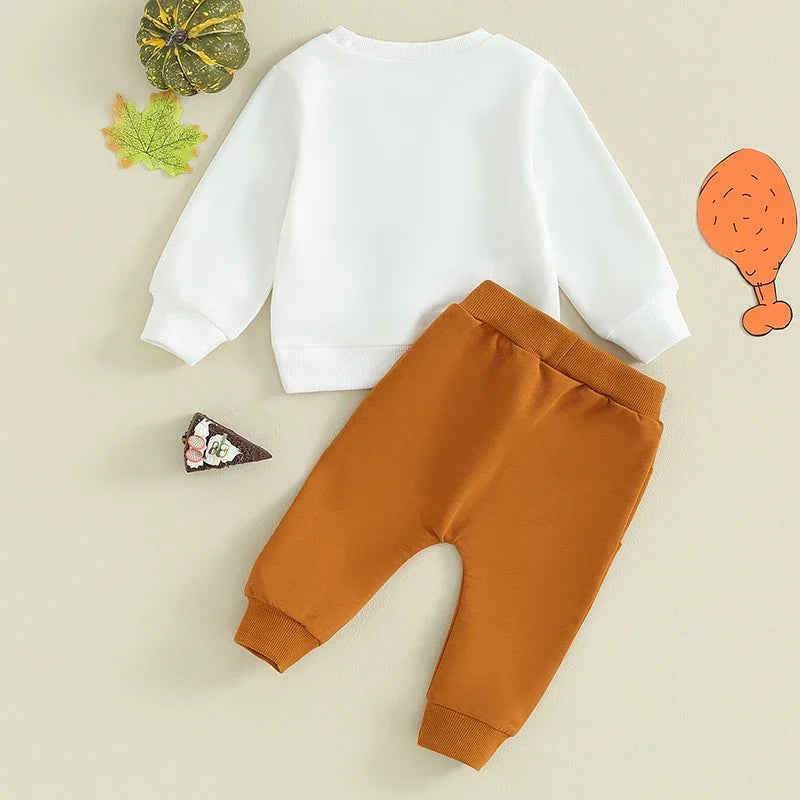 Autumn Thanksgiving Day Toddler Baby Boy Clothes Letter Print Long Sleeve Sweatshirt Solid Color Pants Festival Outfit