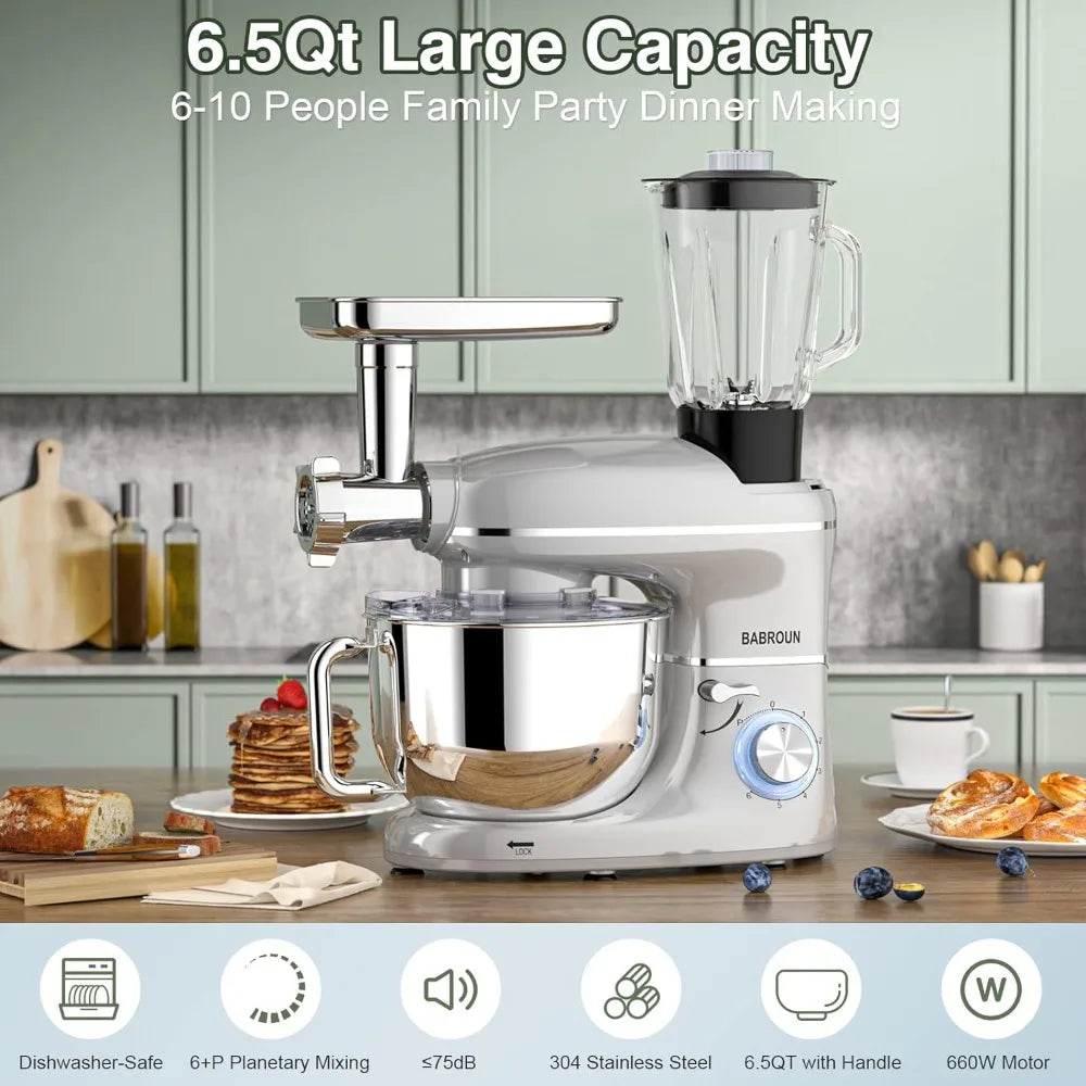 6-IN-1 Electric Kitchen Mixer with 6.5QT Bowl, Glass Jar, Meat Grinder Lamp Post