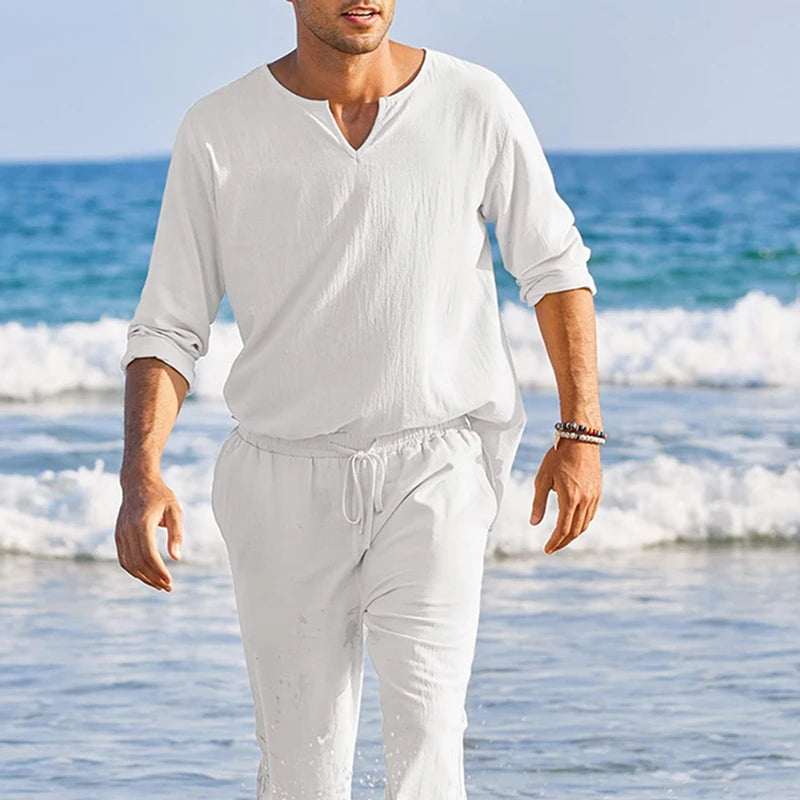 Men's Summer Cotton Linen Set: Solid Color Long Sleeve Henley Shirt and Elastic Waist Drawstring Pants - 2 Piece Loungewear Set.