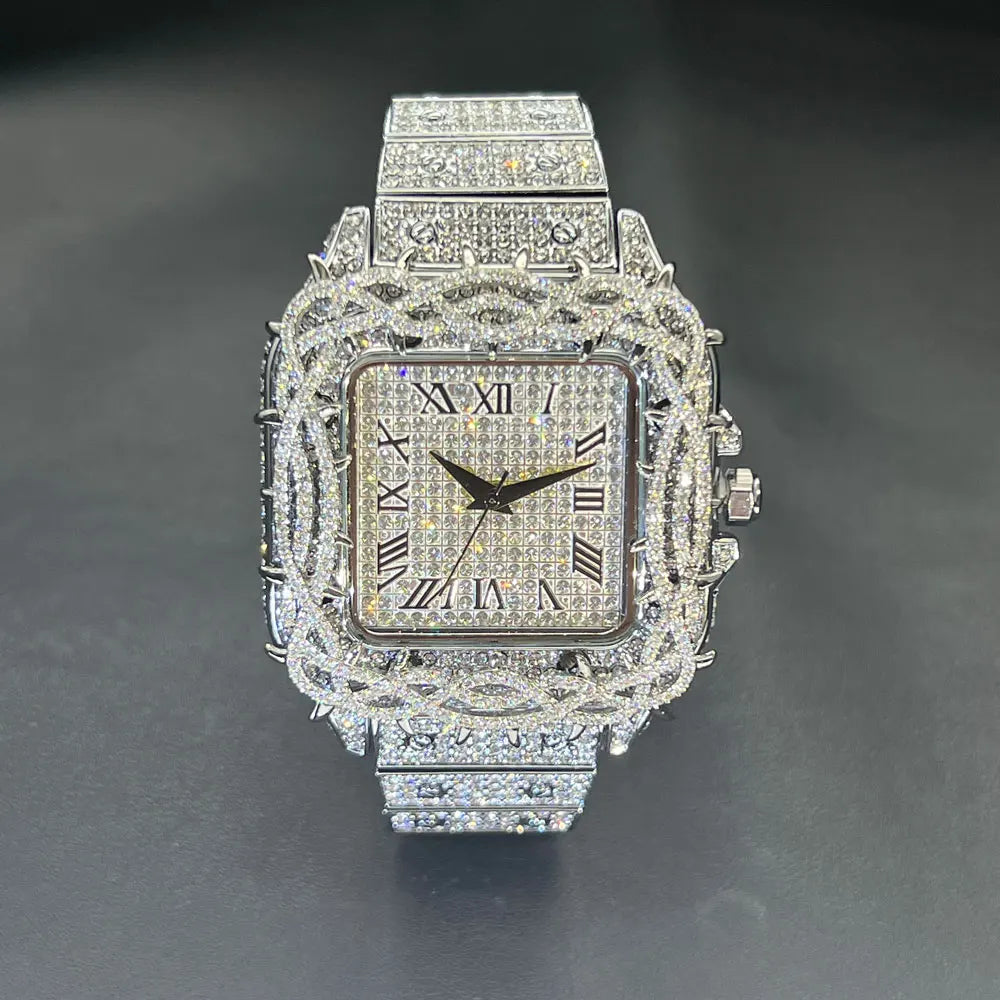 Watch For Men Fashion Luxury Gold Square Diamond Full Sky Star Male's Clock Watches New Skeleton Flower Quartz Wristwatch 2025