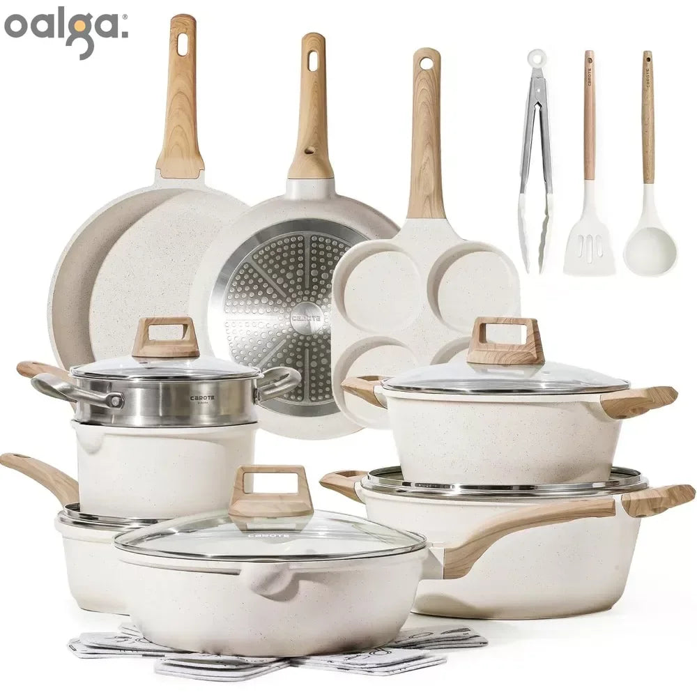 3-7 Non-Stick White Granite Cookware Set W/Frying Pans and Saucepan Lamp Post