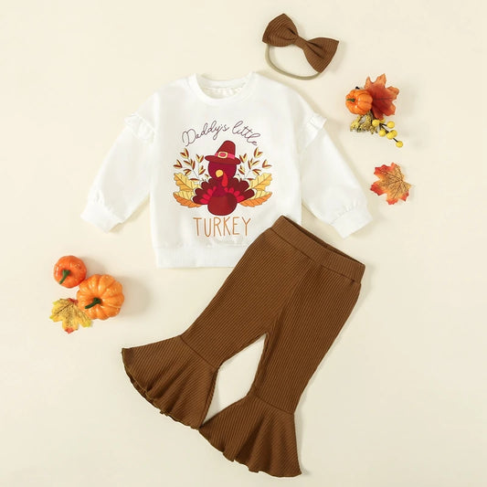 Toddler Kid Girl Thanksgiving Outfits Turkey Print Long Sleeve Sweatshirt with headband 6M-3Y T