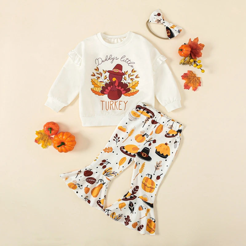 Toddler Kid Girl Thanksgiving Outfits Turkey Print Long Sleeve Sweatshirt with headband 6M-3Y T