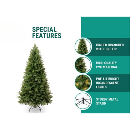 9ft Christmas Tree with Lights, Realistic Fir Christmas Tree Prelit with 2532 Branch Tips, 900 Warm Lights and Metal Stand