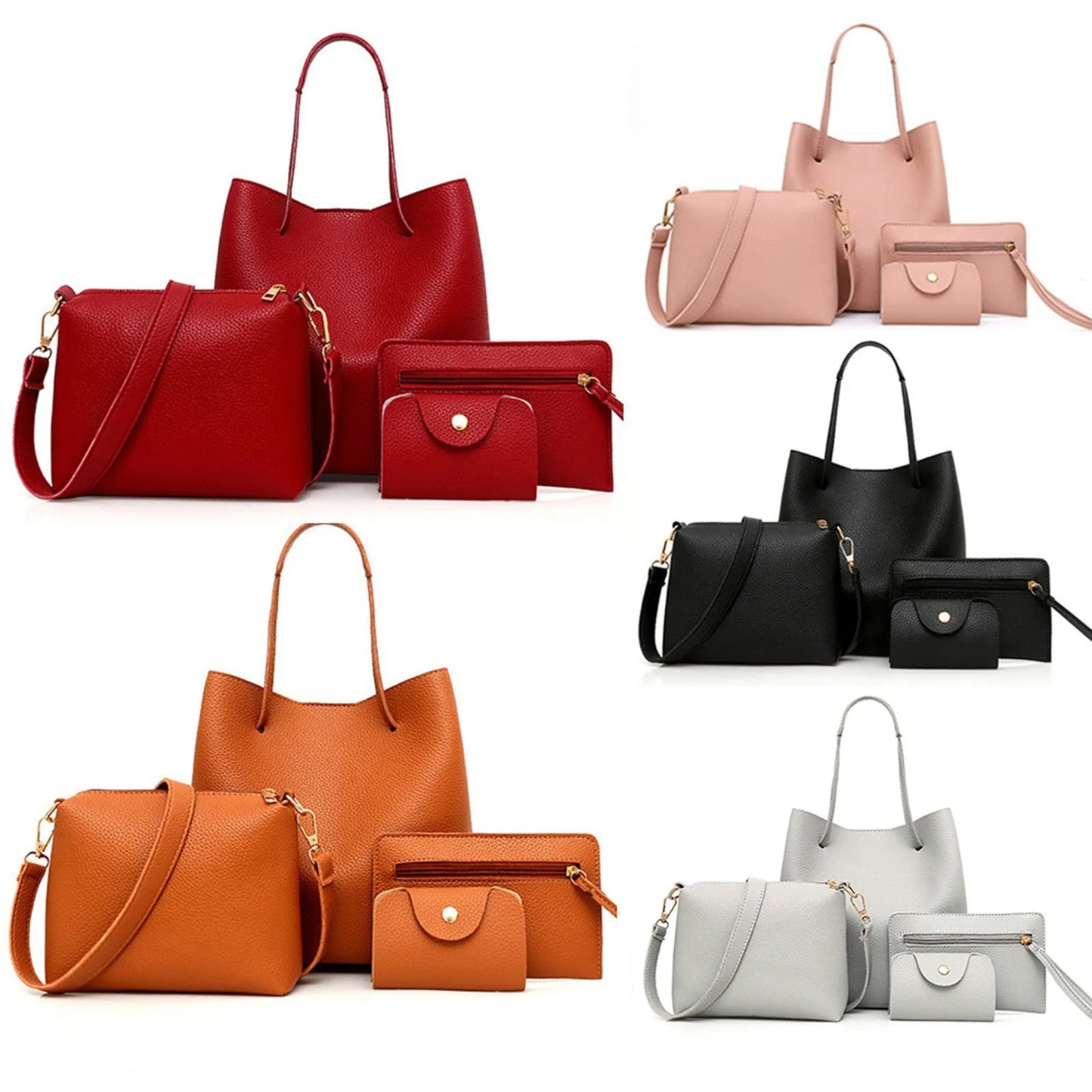 4pcs Faux Leather Shoulder Bag Women Handbag Crossbody Bags Clutches Purse Set, Trend Female Shoulder Bag Casual Purse Set