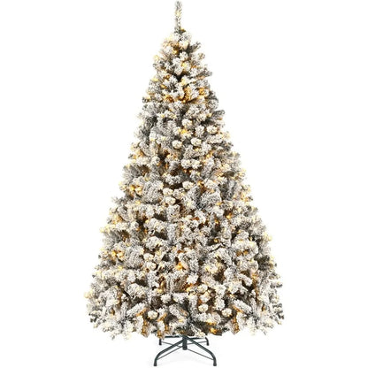 Pre-Lit Artificial Christmas Tree, Premium PVC Snow Flocked Hinged Pine Tree with Metal Stand and LED Lights