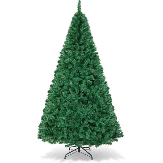 An 8-foot faux PVC Christmas tree, complete with a sturdy bracket for easy assembly, suitable for both indoor and outdoor use, in a vibrant green to celebrate the holiday season.