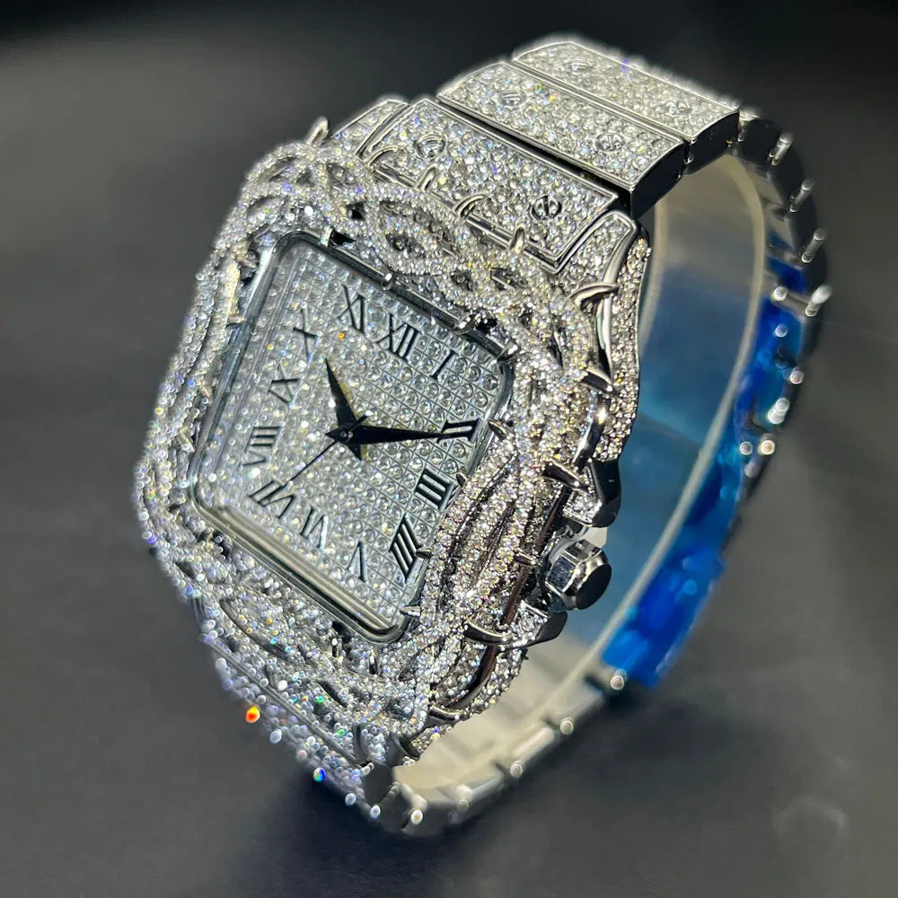 Watch For Men Fashion Luxury Gold Square Diamond Full Sky Star Male's Clock Watches New Skeleton Flower Quartz Wristwatch 2025