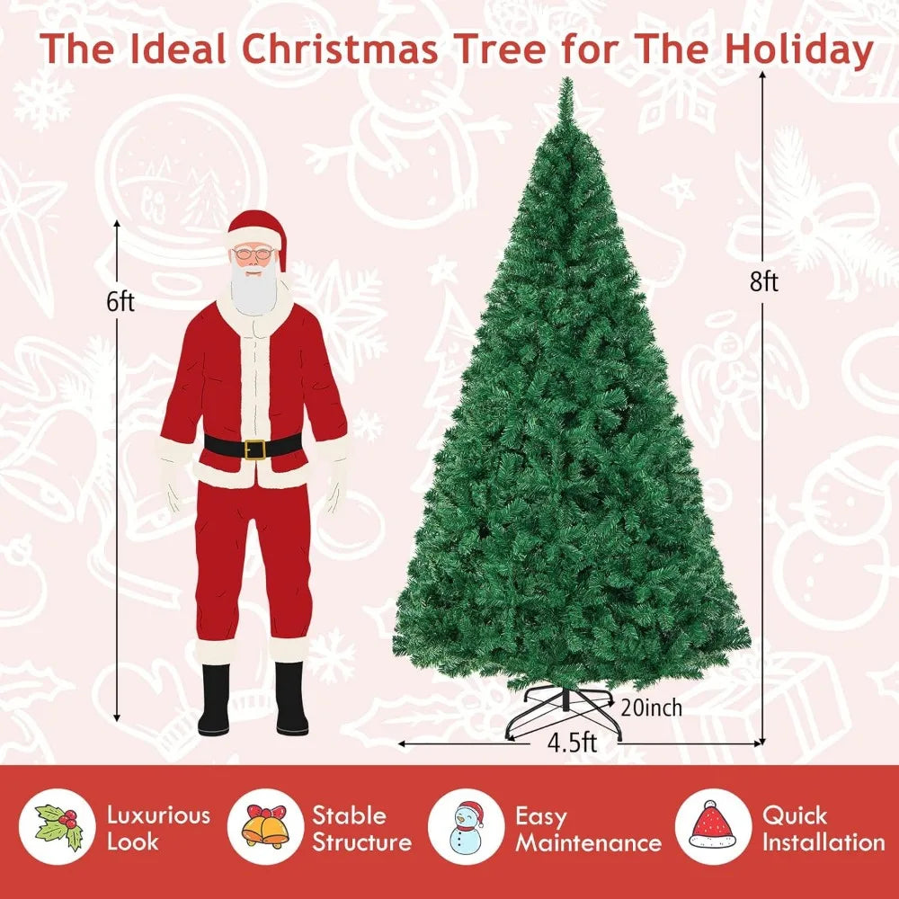 An 8-foot faux PVC Christmas tree, complete with a sturdy bracket for easy assembly, suitable for both indoor and outdoor use, in a vibrant green to celebrate the holiday season.