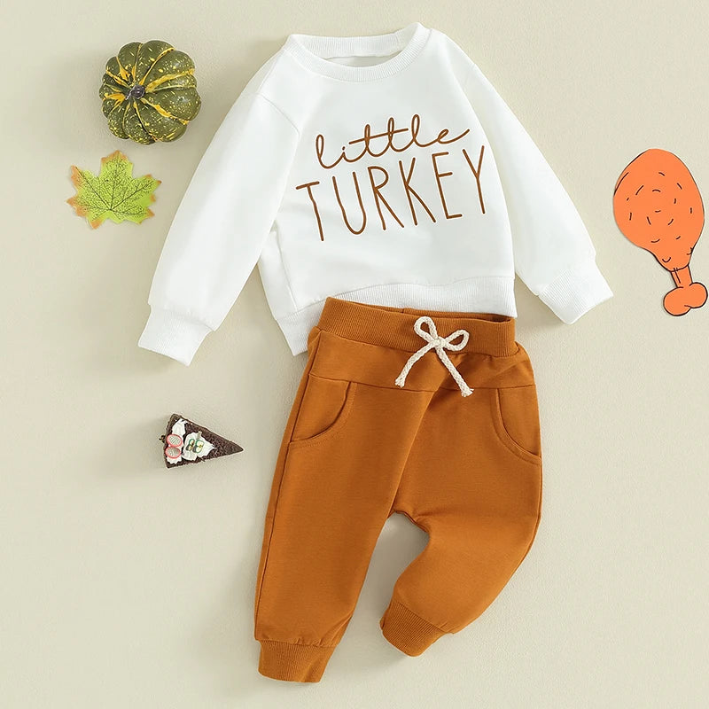 Autumn Thanksgiving Day Toddler Baby Boy Clothes Letter Print Long Sleeve Sweatshirt Solid Color Pants Festival Outfit