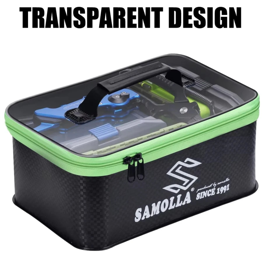 Lamp Post waterproof fishing box bag with fish storage compartment, durable handle, and secure lid for fishing gear and live fish.