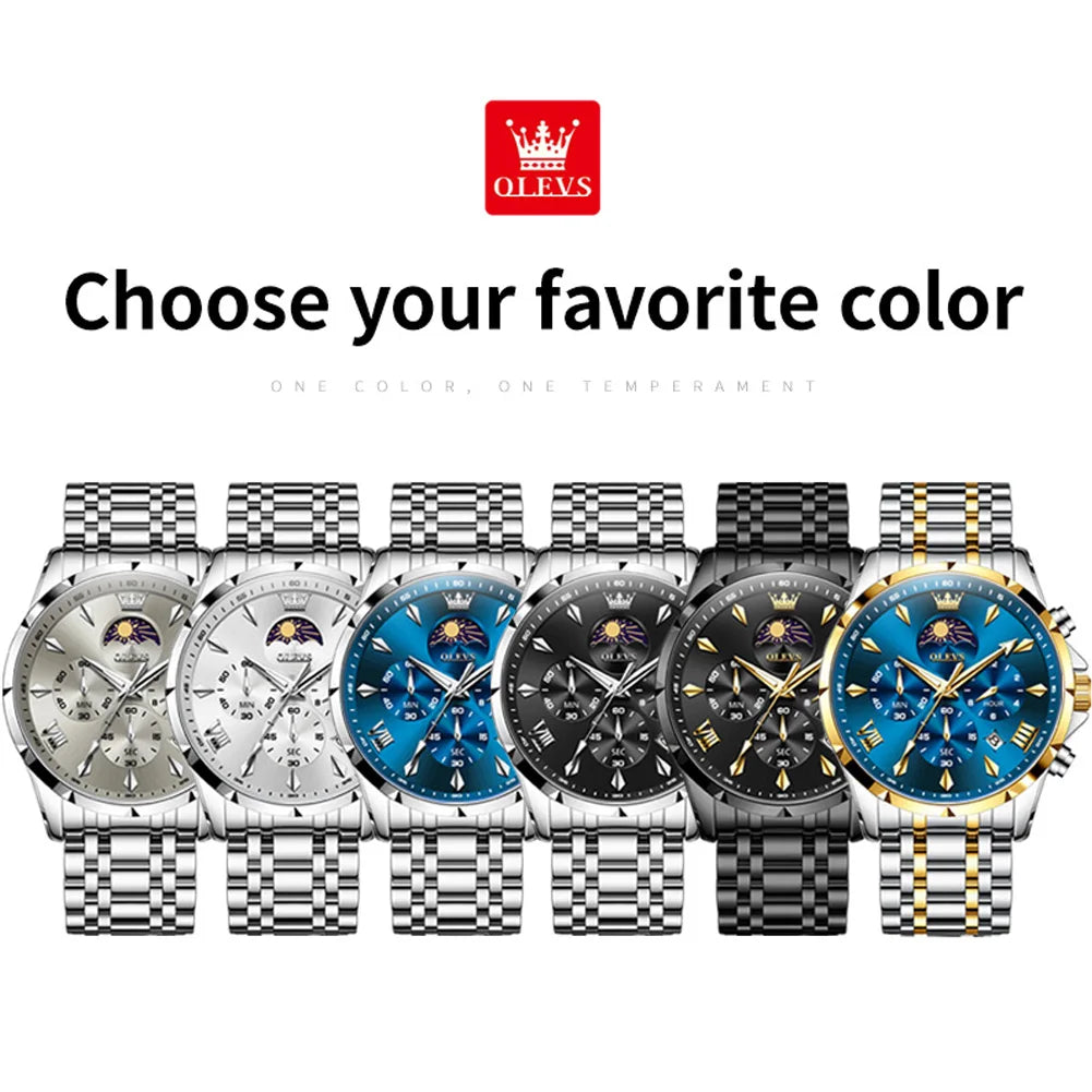 Multifunction Chronograph Quartz Watch – 30M Water-Resistant Luminous Moon-Phase Timepiece