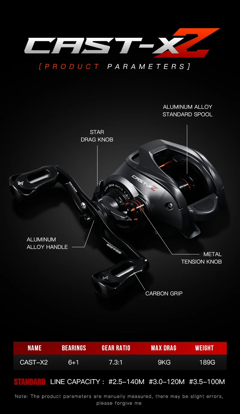 Baitcasting Reel 7.3:1 Hybrid Ceramic Bearing Carbon Fiber Washer Dual Bearing System N52 Brake Fishing Reels
