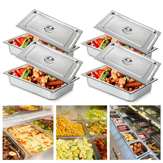 4"Deep 4 Pack Rectangle Chafing Dish: Stainless Steel Steam Table Pans with Lids