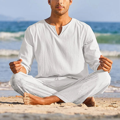 Men's Summer Cotton Linen Set: Solid Color Long Sleeve Henley Shirt and Elastic Waist Drawstring Pants - 2 Piece Loungewear Set.