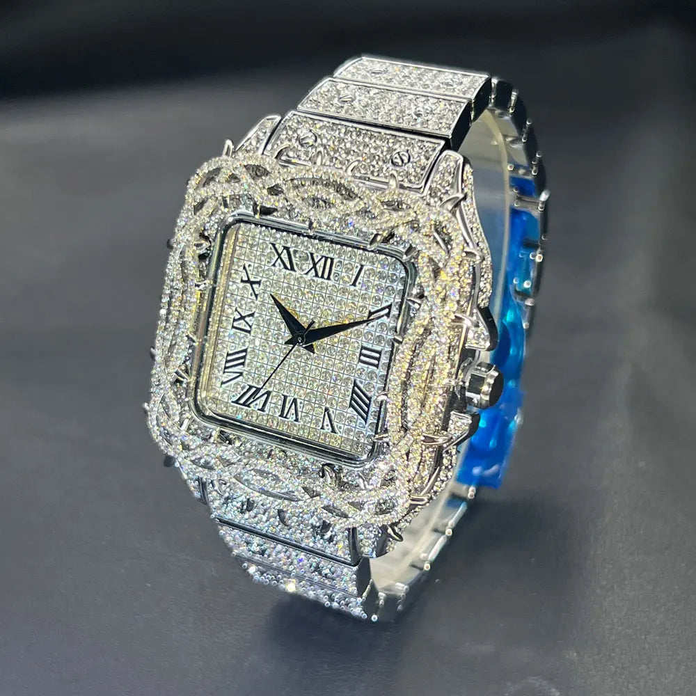 Watch For Men Fashion Luxury Gold Square Diamond Full Sky Star Male's Clock Watches New Skeleton Flower Quartz Wristwatch 2025