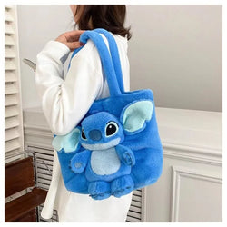 Disney 2024 New Cartoon Plush Doll Shoulder Bag Cute Stitch Strawberry Bear Soft Cute Girls Handbag