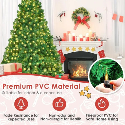 7ft Prelit Christmas Tree, Indoor Xmas Tree w/ 1096 PVC Branch, Pre-Strung 300 Warm White LED Lights & Metal Hinge,Easy Set Up,