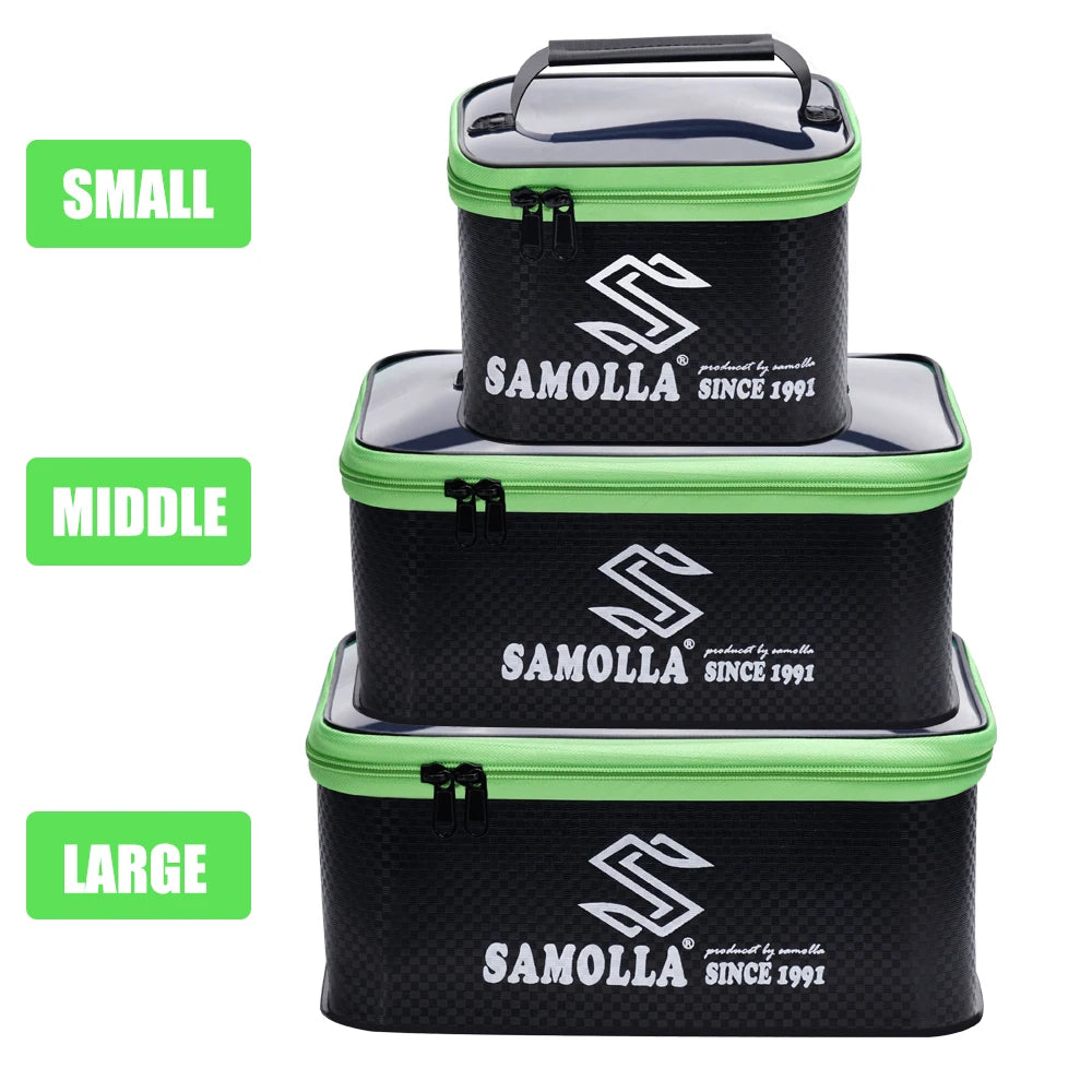 Waterproof Lamp Post fishing box bag with storage compartments, live fish bucket, and hand strap for fishing gear and line organization.