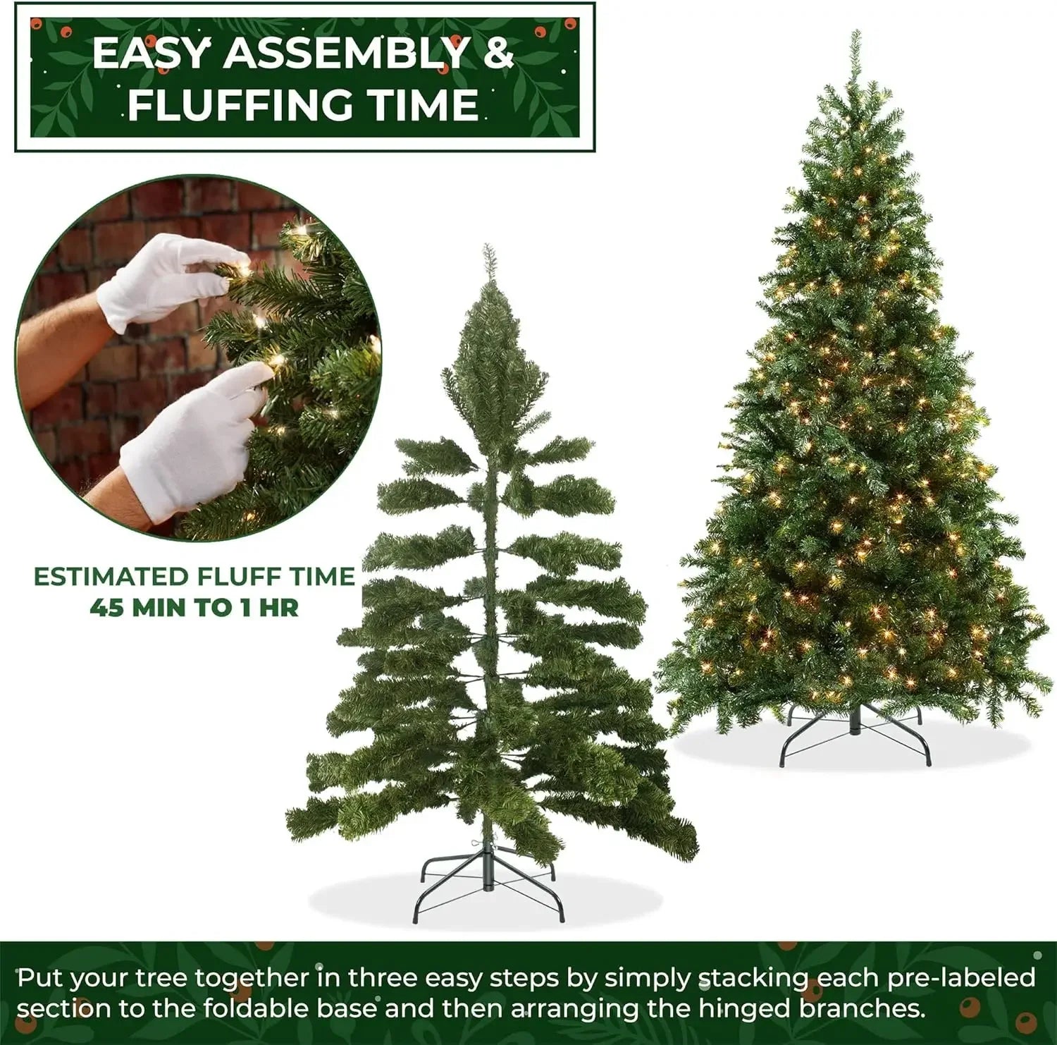 Christmas Tree 9FT Realistic Pre-Lit Green Spruce Artificial Holiday Christmas Tree with Sturdy Metal Stand, Easy assembly