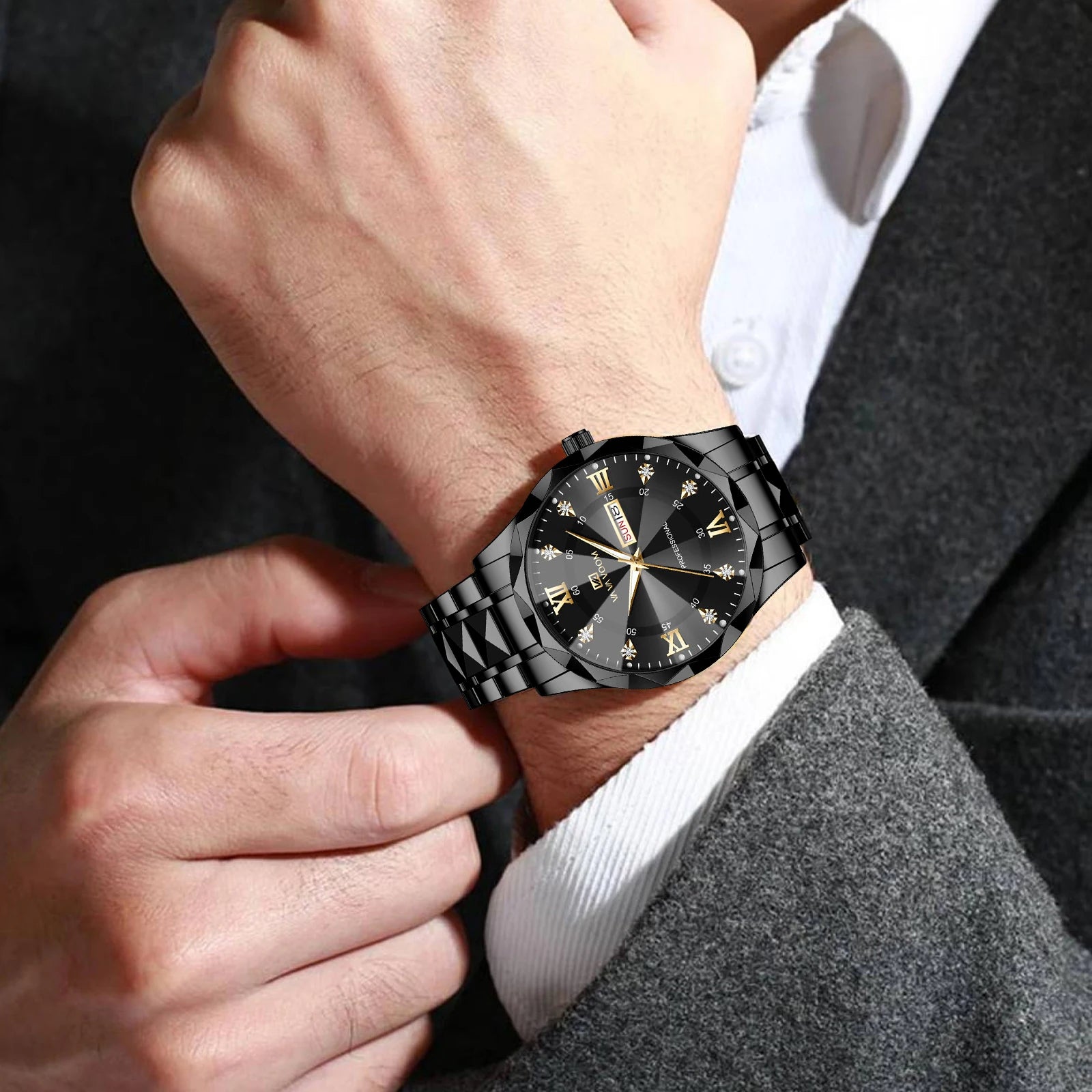 Men’s Diamond Night-Glow Business Watch – Dual Calendar Quartz, 41mm Blue & Gold Stainless Steel